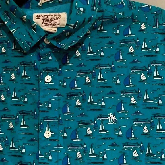 Original Penguin Teens large ๐๐ปBlue Sailboat Print Short Sleeve Button Up - Picture 4 of 6